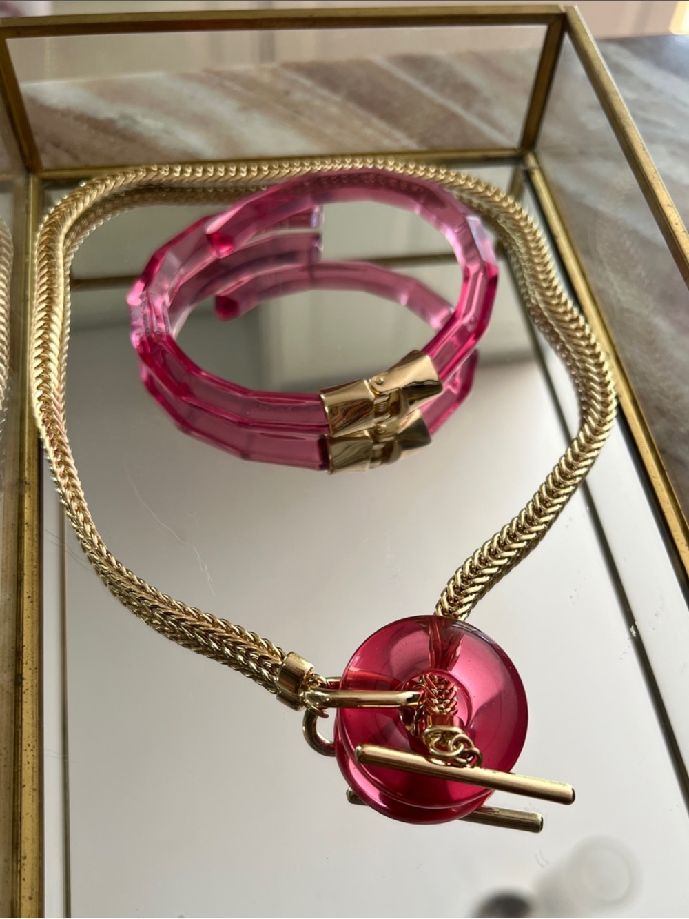 Nordstrom Toggle Necklace and Bracelet Set with Gold and Hot Pink Resin